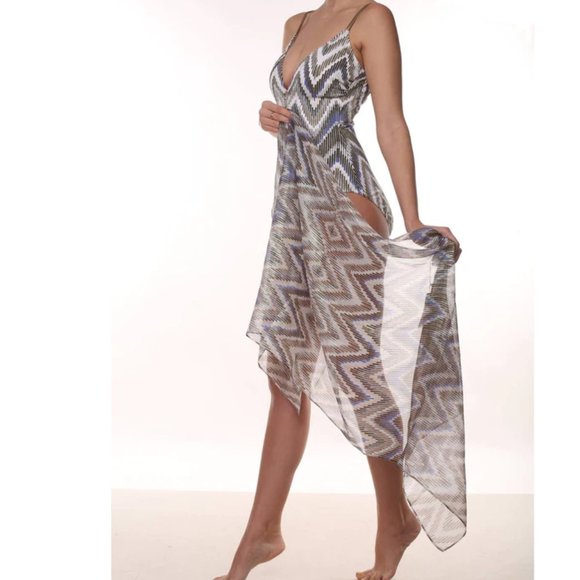 Gottex Silk Sheer Metallic & Blue Chevron Print Pareo Sarong Cover Up - Picture 1 of 2
